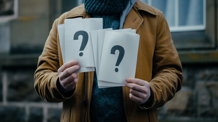 Person in a winter jacket holds question mark papers, representing concepts of choice, decision, or mystery.
