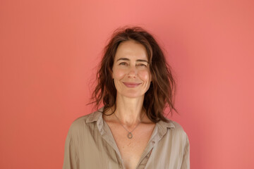 Obraz premium A woman wearing a necklace is smiling in front of a pink background