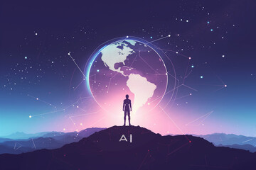 Illustration.  Humanoid robot of Artificial intelligence with digital brain with light lines of neural connections for processing and learning with a digital earth.  Generative AI