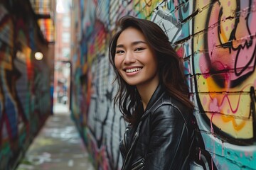 Naklejka premium A joyful Asian woman, her smiling face radiating happiness and beauty. In the vibrant city setting,
