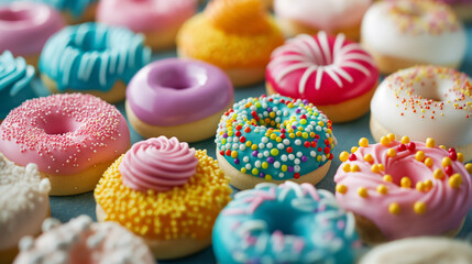 Array of colorful donuts with various toppings and icing creates a tempting and delicious display. - obrazy, fototapety, plakaty
