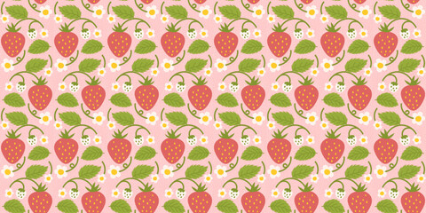 Seamless design pattern with strawberries, cute berries, flowers, green leaves. Repetitive surface design intended for kid apparel, fabrics, wrapping paper, and diverse purposes. - obrazy, fototapety, plakaty
