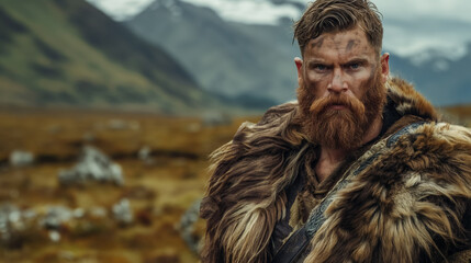 Rugged highlander with a thick beard stands in wild mountainous terrain, exuding strength and resilience.