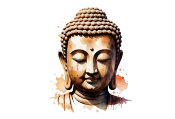 Close up of watercolor buddha head clipart transparent background.