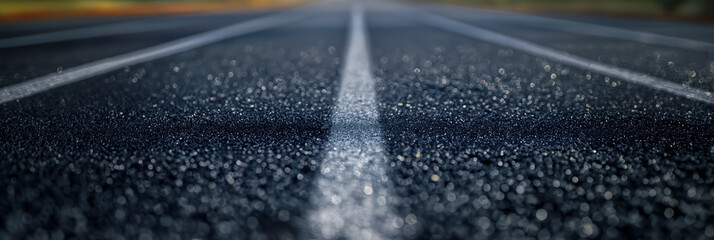 Expansive close-up of a wet asphalt road shimmering with reflections, emphasizing its texture and depth.