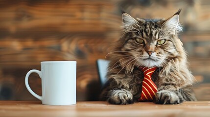 A stressed cat dressed in a business tie waiting for coffee to be placed in his coffee mug