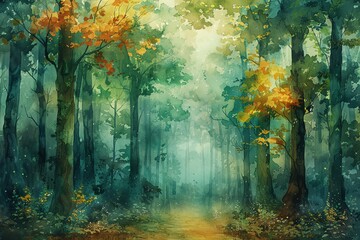 Illustrate a dreamy watercolor painting of a lush, vibrant forest at eye-level perspective, evoking a serene and mystical atmosphere