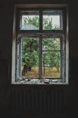 Broken window, fragments, old window, abandoned building, abandoned room, gloomy, scary, Ukraine, glass