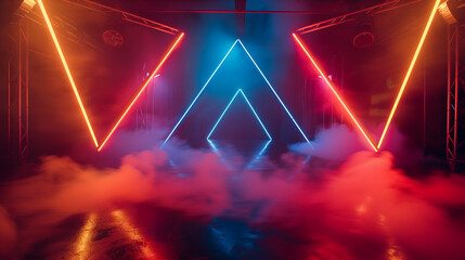 Futuristic interior with triangle shapes with smoke on a concert stage. Generative AI