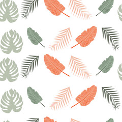 Tropical leaves seamless pattern. Exotic plants Philodendron Monstera and palm leaves in light green-orange color, tropical background. For wrapping paper, textiles.