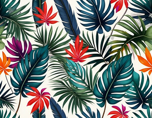 Seamless pattern background with tropical plants and leaves