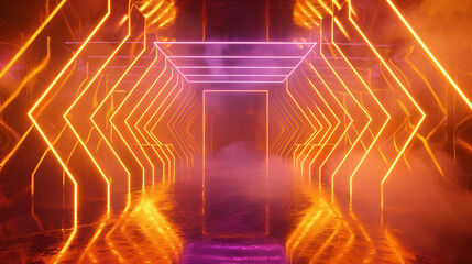 Illuminated abstract futuristic golden neon light tunnel with smoke. Copy space. Generative AI