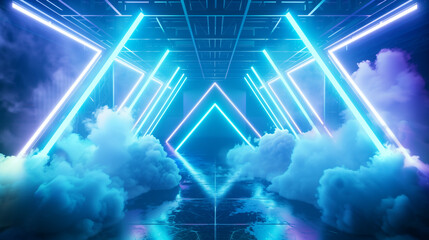 Neon Triangle Gateway in a Futuristic Foggy Stage Setting. Abstract room. Copy space. Generative AI