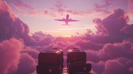 An airplane takes to the skies, soaring above neatly arranged suitcases under a dreamy pastel purple sky, evoking the allure of travel.