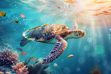 Obraz premium Graceful Journey: A Serene Sea Turtle Glides Through the Vibrant Ecosystem of a Tropical Coral Reef, Generative AI