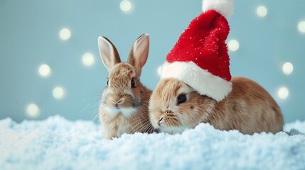 Adorable Mother rabbit in the red Christmas hat and newborn bunny sitting on blue background