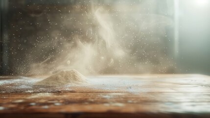 An empty shelf mockup with haze over a wooden board with dust effect. Modern realistic illustration of flour floating in air above a brown wood table.