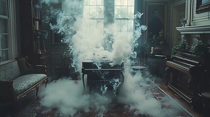 Whispers of smoke swirling delicately, like fragments of a forgotten melody, filling the scene with quiet sophistication.
