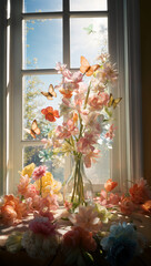 Spring Awakening: Butterflies and Blooms by a Sunny Window