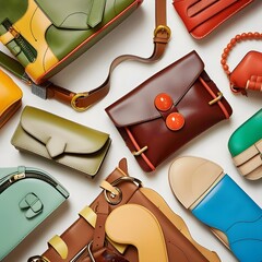 Close-up shots of fashion accessories in brand-specific color palettes, highlighting the accessories' details, textures, and stylish designs. - obrazy, fototapety, plakaty