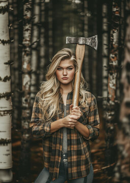 Confident Young Woman Holding an Axe in a Birch Forest, Embodying Strength and Independence