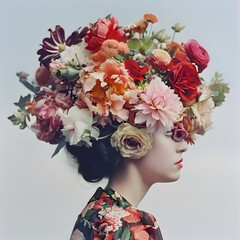 Floral portraits displaying women with flowers integrated into their attire or hair, symbolizing natural beauty and femininity. - obrazy, fototapety, plakaty