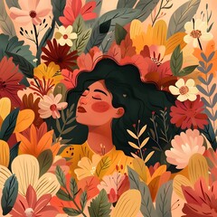 An illustration of a woman in a tranquil setting of lush flowers, expressing the themes of wellness and self-care. - obrazy, fototapety, plakaty