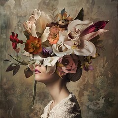 Artistic and conceptual portrayal of a woman with flowers, showcasing unique arrangements and emphasizing color, form, and texture. - obrazy, fototapety, plakaty
