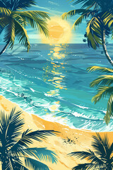 A vibrant vector illustration of a sun-kissed beach framed by lush palm trees, reflecting the essence of a tranquil seaside escape - AI Generated