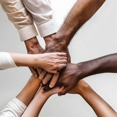 Hands of diverse backgrounds working together on community projects or social causes, illustrating unity and collective action. - obrazy, fototapety, plakaty