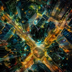 Aerial and street-level city photos displaying digital connectivity and networks. - obrazy, fototapety, plakaty