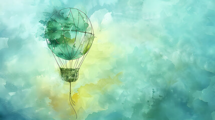watercolor abstract painting of a hot air balloon flying in the sky in green and yellow colors
 - obrazy, fototapety, plakaty