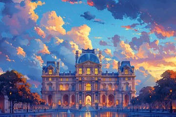 AI-generated vibrant depiction of the Louvre Museum, basked in golden sunlight, fusing history with art in a vector style - obrazy, fototapety, plakaty