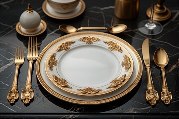 a dinner plate and cutlery for a wedding at a luxury hotel advertising food photography