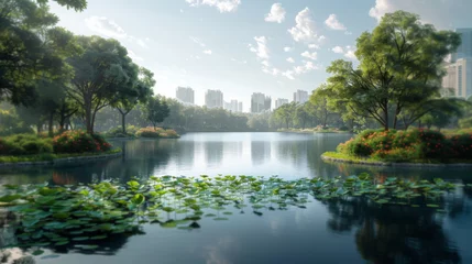 Foto op Canvas Lake With Trees and Water Lilies Painting © Prostock-studio