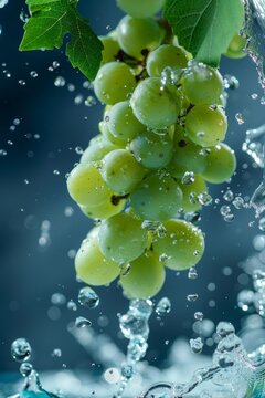 A cluster of ripe green grapes is suspended against a cool blue backdrop, with vibrant splashes of water droplets creating a dynamic and refreshing scene. The glistening surfaces of the grapes and 
