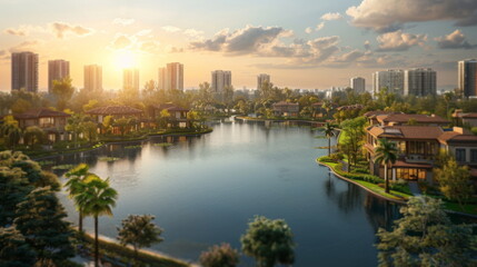 Naklejka premium Urban Waterfront With Tall Buildings