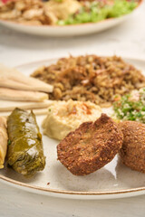 Middle Eastern or Arabic cuisine with a variety of food on a rustic backdrop Food that is Halal. Cuisine from Lebanon, Turkey, and Egypt, with mixed veggies and a gorgeous foodie view.
