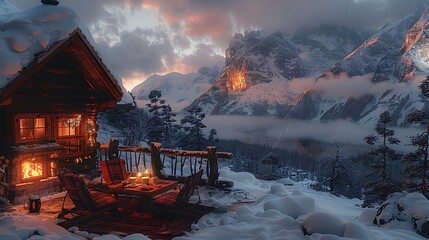 Within the cozy confines of a mountain cabin, a crackling fireplace casts a warm glow upon a table set with steaming mugs of coffee..