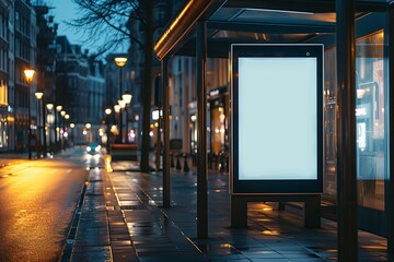 Blank mockup of an advertisement on a bus stop in the city