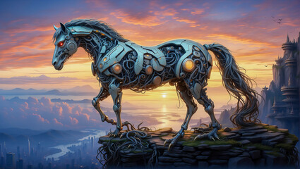 A surreal scene unfolds as a robotic horse stands majestically on a high cliff, gazing over a futuristic city skyline, blending nature and technology in a mesmerizing tableau