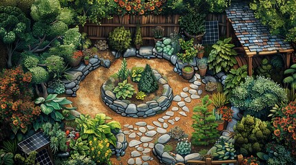 Illustrate a worms-eye view of a lush garden featuring intricate details of sustainable living efforts like composting, rainwater harvesting, and solar panels in a traditional watercolor medium - obrazy, fototapety, plakaty