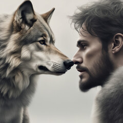 Spojrzenie wilka i człowieka - obrazy, fototapety, plakaty