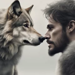 Fotobehang Spojrzenie wilka i człowieka © Jacek