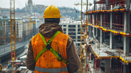 back of worker at a construction site wearing safety helmet