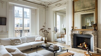 Many Parisian apartments feature ornate marble or stone fireplaces, often located in the living room or bedroom. These fireplaces serve as focal points and add a cozy ambiance - obrazy, fototapety, plakaty