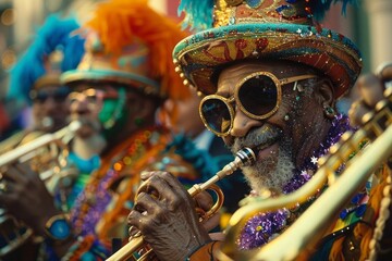 Mardi Gras in New Orleans, masks, beads, jazz bands, lively processions