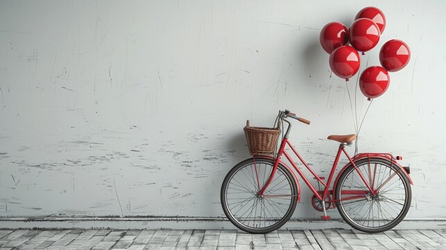3D illustration of a red retro bike with a basket and balloons in front of a white wall