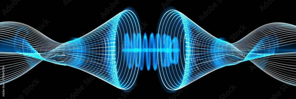 Poster Blue Sound Waves Oscillating with Frequency and Rhythm in a High-Tech Abstract Visualization, Generative AI