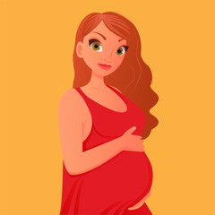 Happy pregnant women holds her belly in red dress.